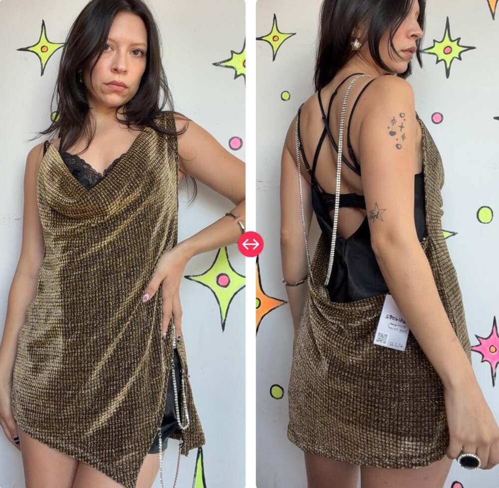 Metallic Gold Slinky Disco Dress Glam Cowl Neck Rhinestone Strap Party S/M